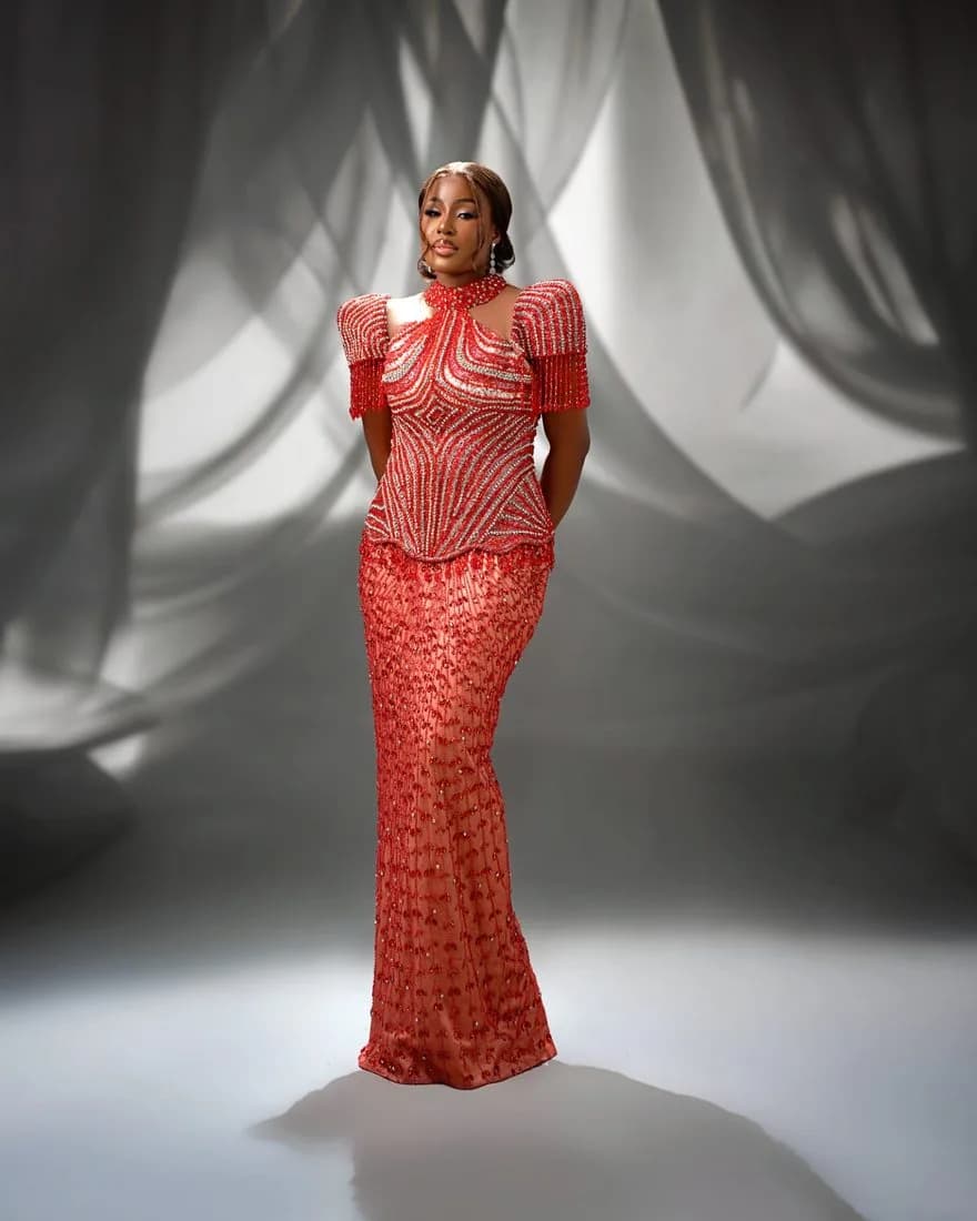 Red Crystal Gown: Crystal-beaded lace over silk
